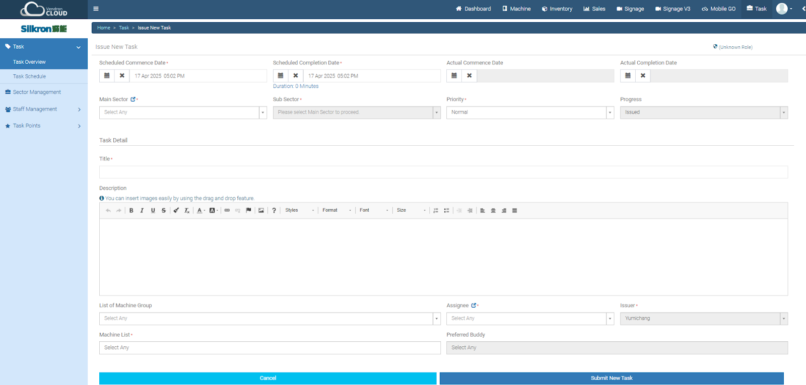 Tasks module in Vendron platform is an essential service ticketing tool designed to facilitate the management of deployment, maintenance, replenishment and any other tasks, jobs and services of the vending operations.